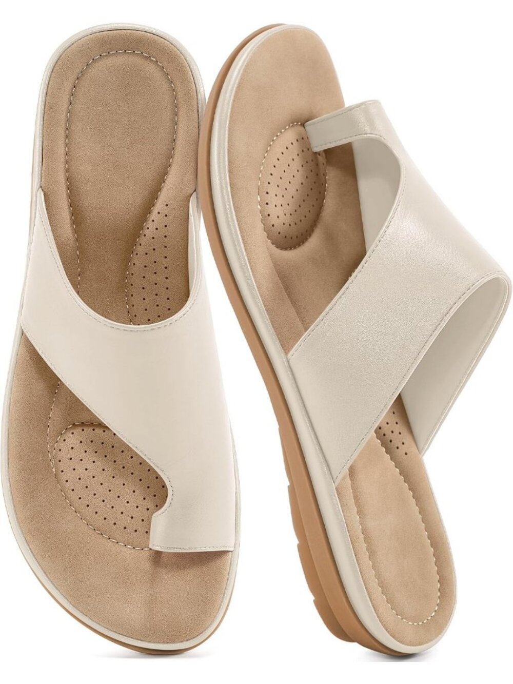 Women's Beige Leather Summer Flats Dressy Slides Soft Orthopedic Casual Shoes